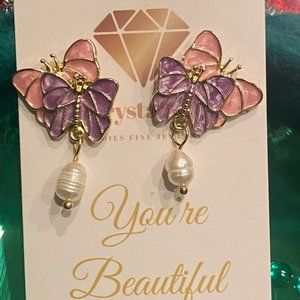 Ladies gold plated purple and pink butterfly earring with a freshwater pearl.